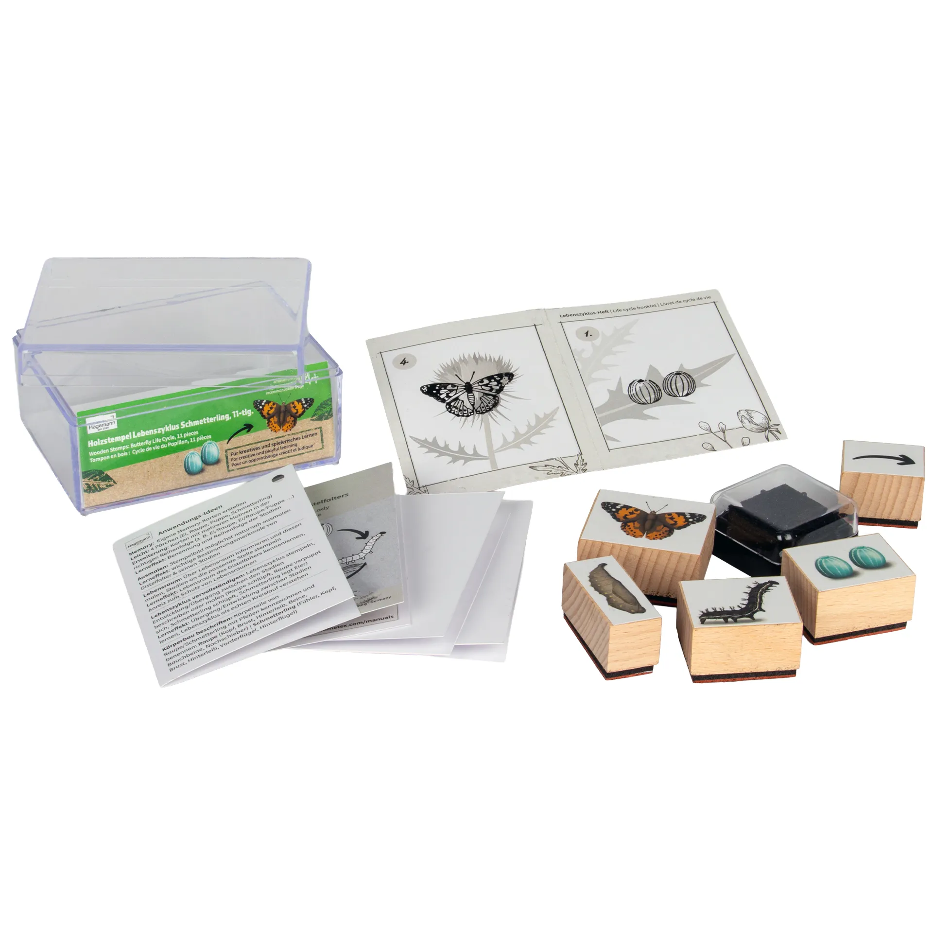 Set Holzstempel "Lebenszyklus Schmetterling", 11-tlg. mit Stempelkissen