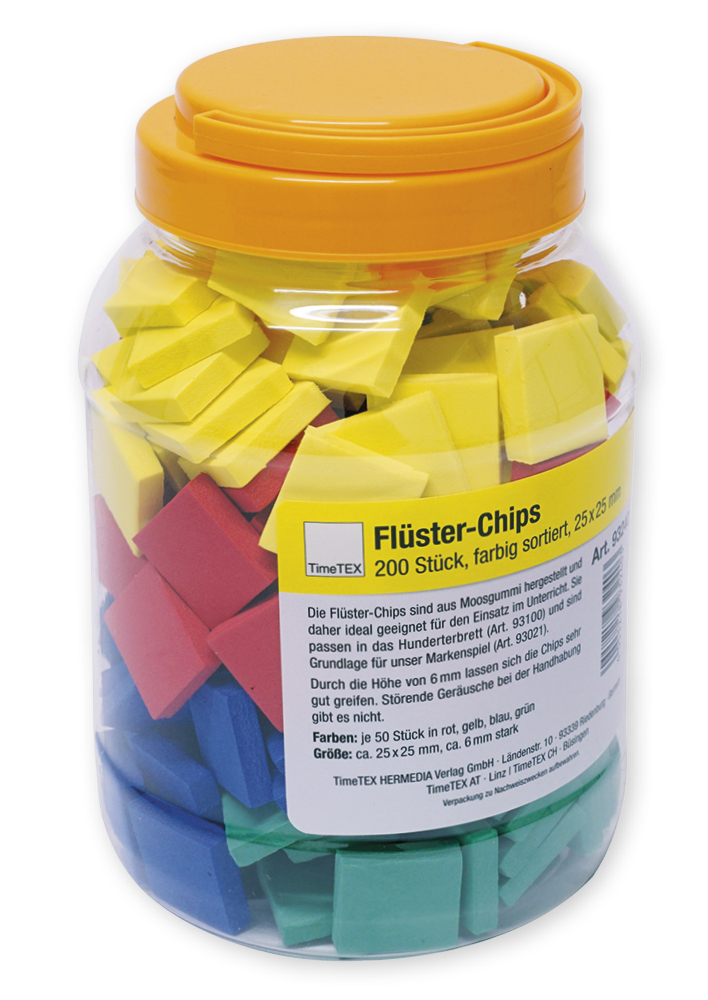 Flüster-Chips quadratisch, 200 Stück in Dose, farbig sortiert