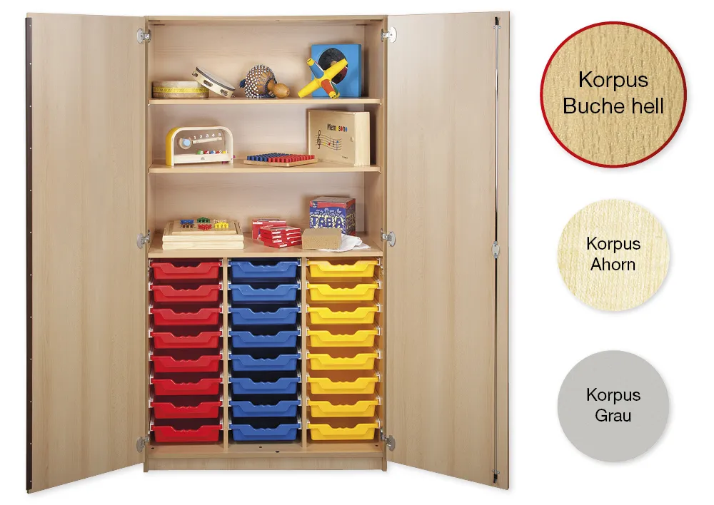 Material-Hochschrank L, Plustiefe, 3 Fachböden, 24 Schubladen L