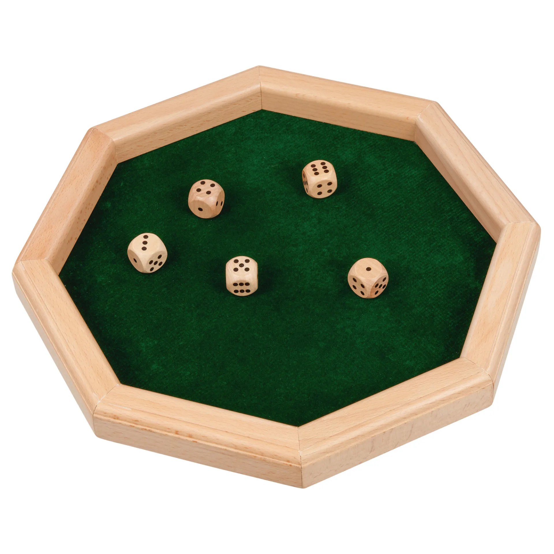 Würfel-Teller mit erhöhtem Rand und 5 Würfeln, aus Holz