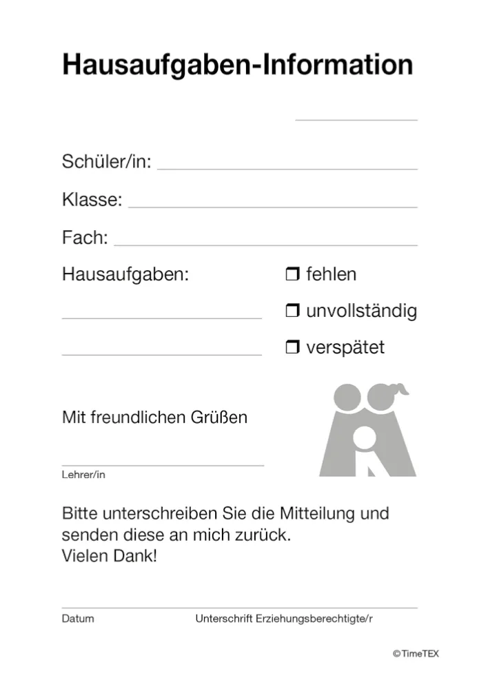 Block Hausaufgaben-Information A6, 50 Blatt mit Durchschlag