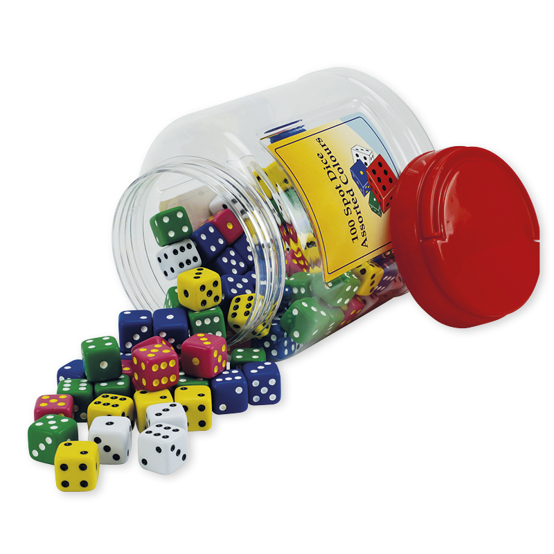 Spielwürfel-Satz, 100-tlg. in Dose, bunt, 15 mm, mit Augen