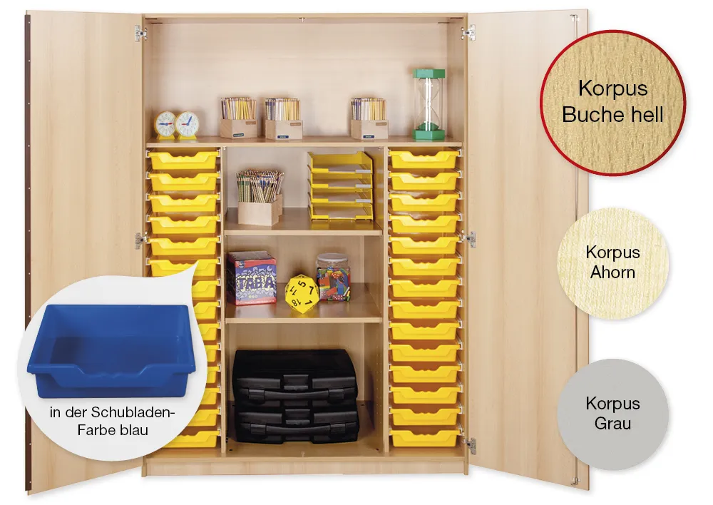 Material-Hochschrank XL, Basistiefe, 4 Fachböden, 28 Schubladen L