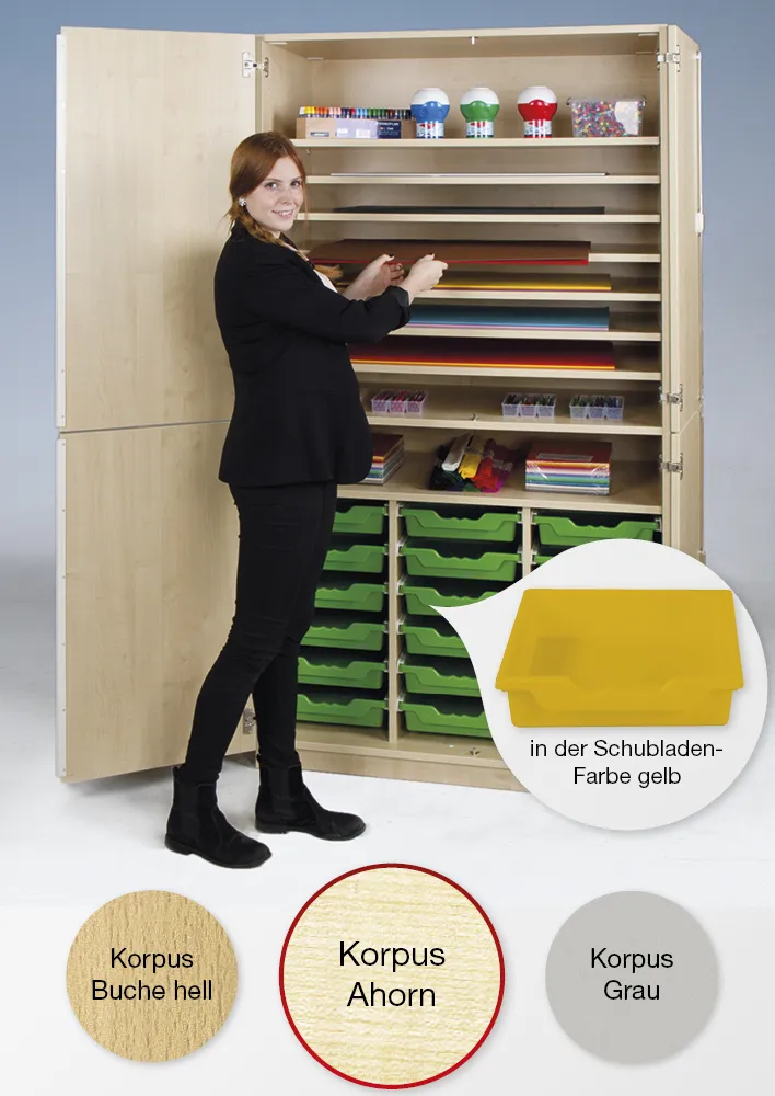 Material-Hochschrank L geteilt, Extratiefe, 9 Fachböden, 18 Schubladen L