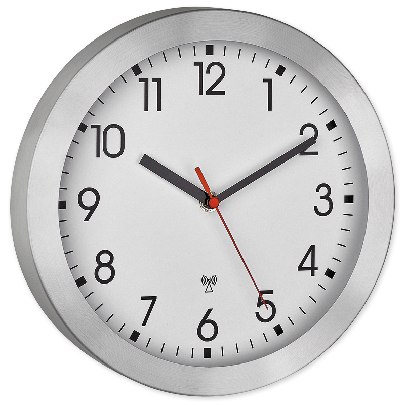 Školní hodiny řízené rádiem s hliníkovým rámem, stříbrné, 25 cm