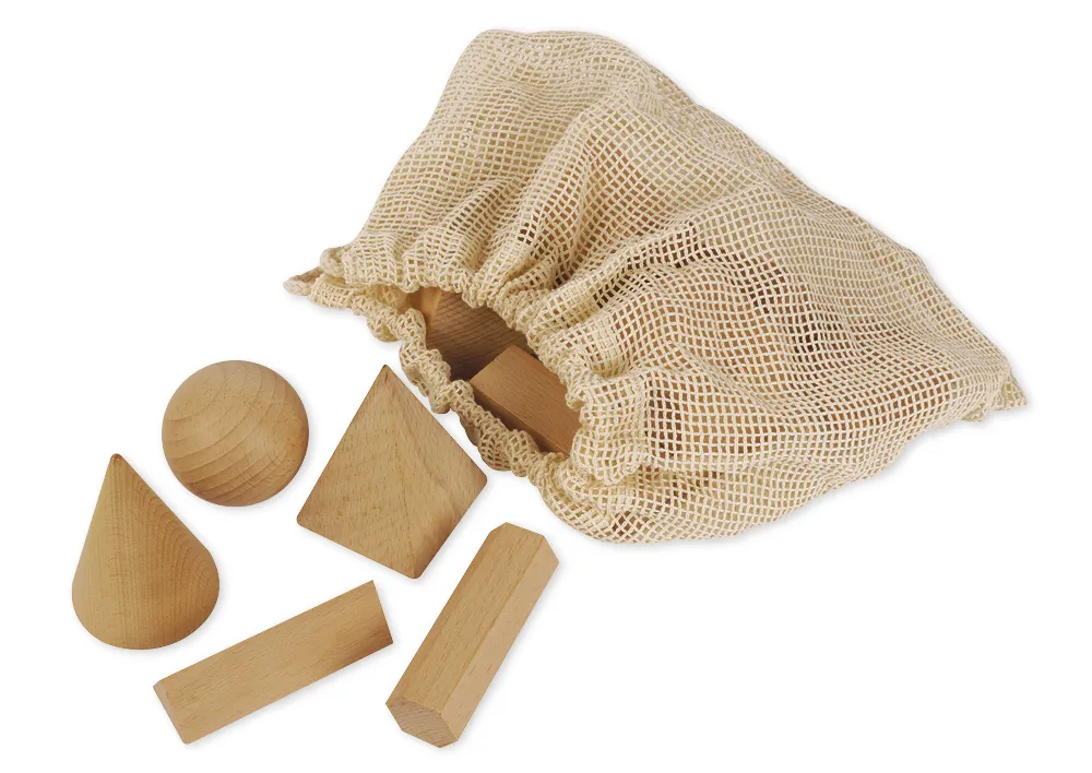 Set de corpuri geometrice din lemn, 12 piese, în săculeț