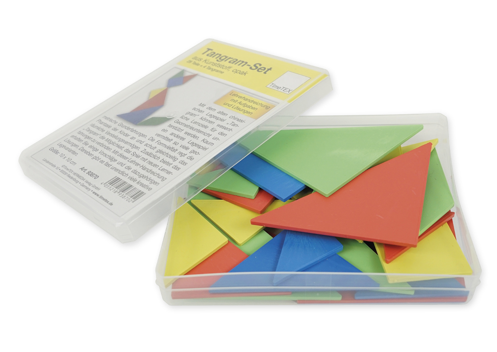 Tangram lavet af plast, 28 stk. = 4 tangramme i boks
