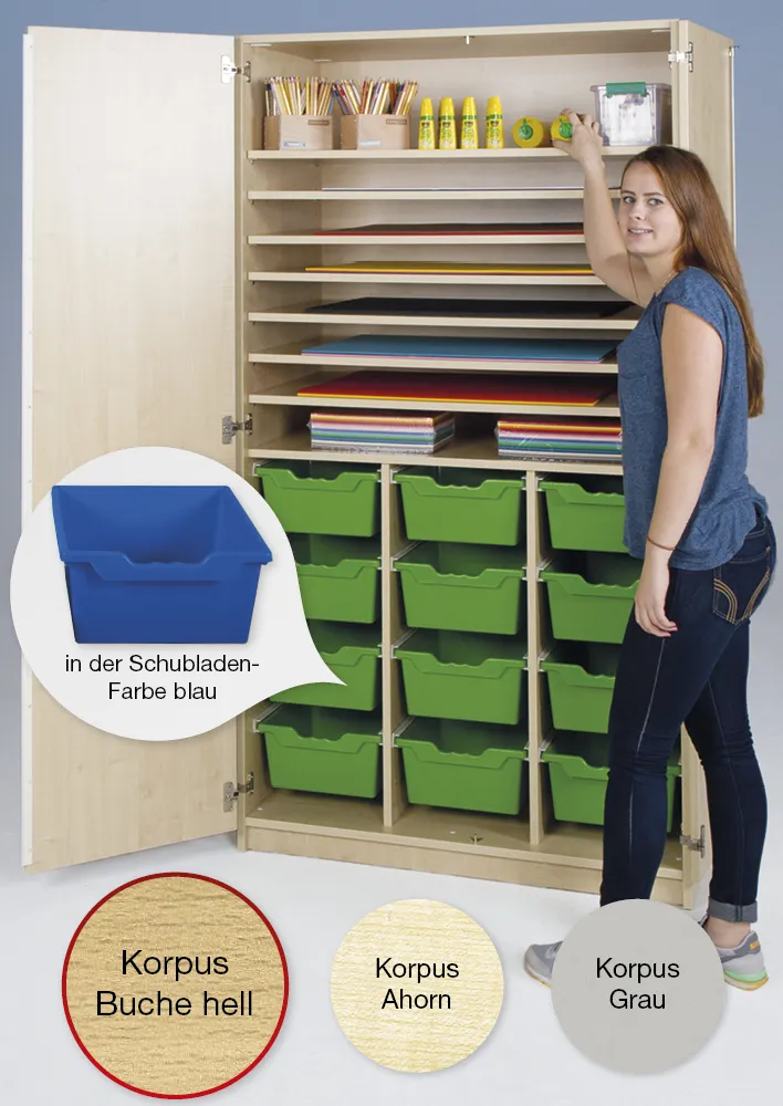 Material-Hochschrank L, Extratiefe, 8 Fachböden, 12 Schubladen XL