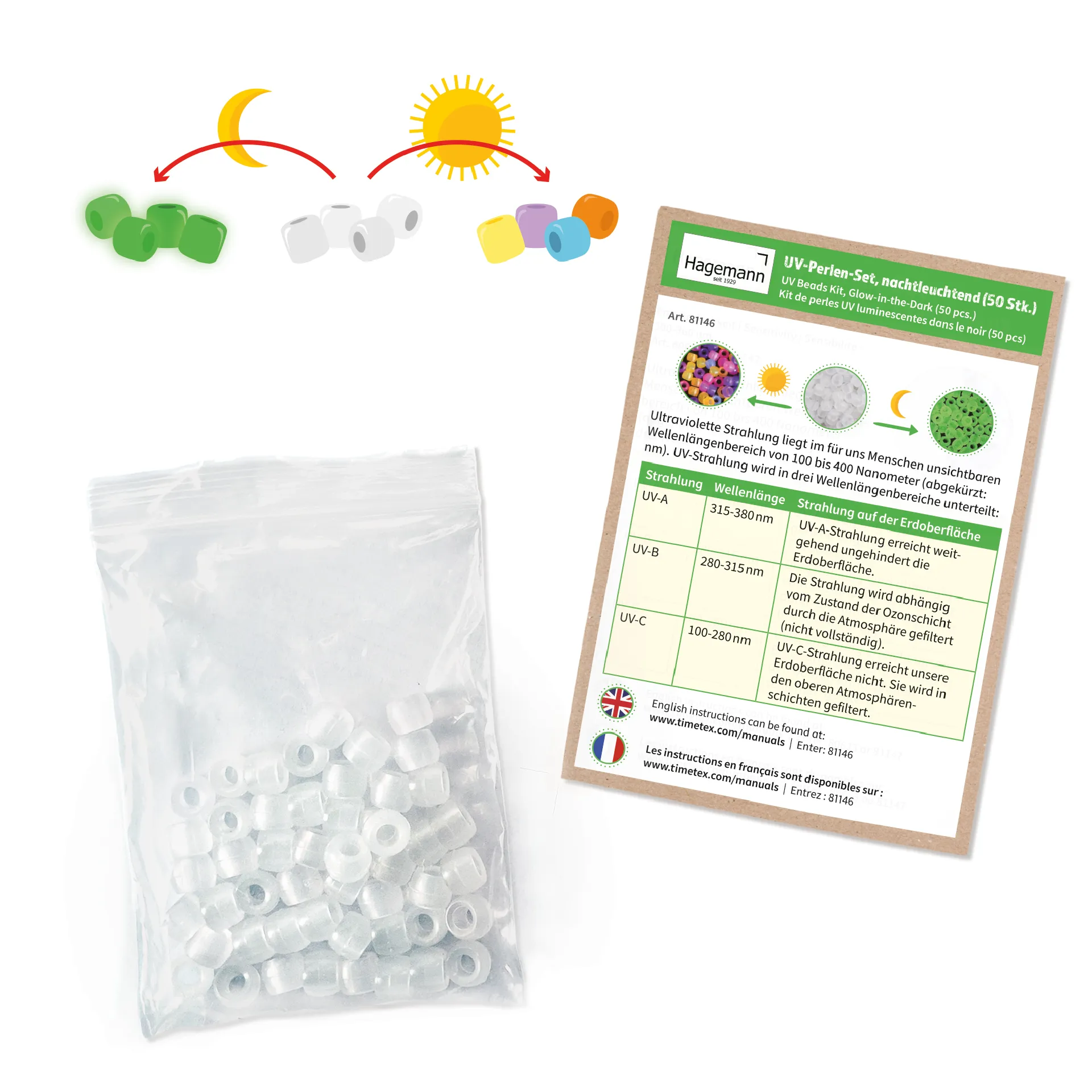 Sæt med selvlysende UV-perler, 50 dele