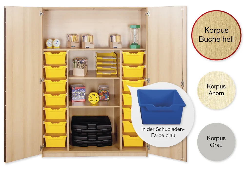 Material-Hochschrank XL, Plustiefe, 4 Fachböden, 14 Schubladen XL