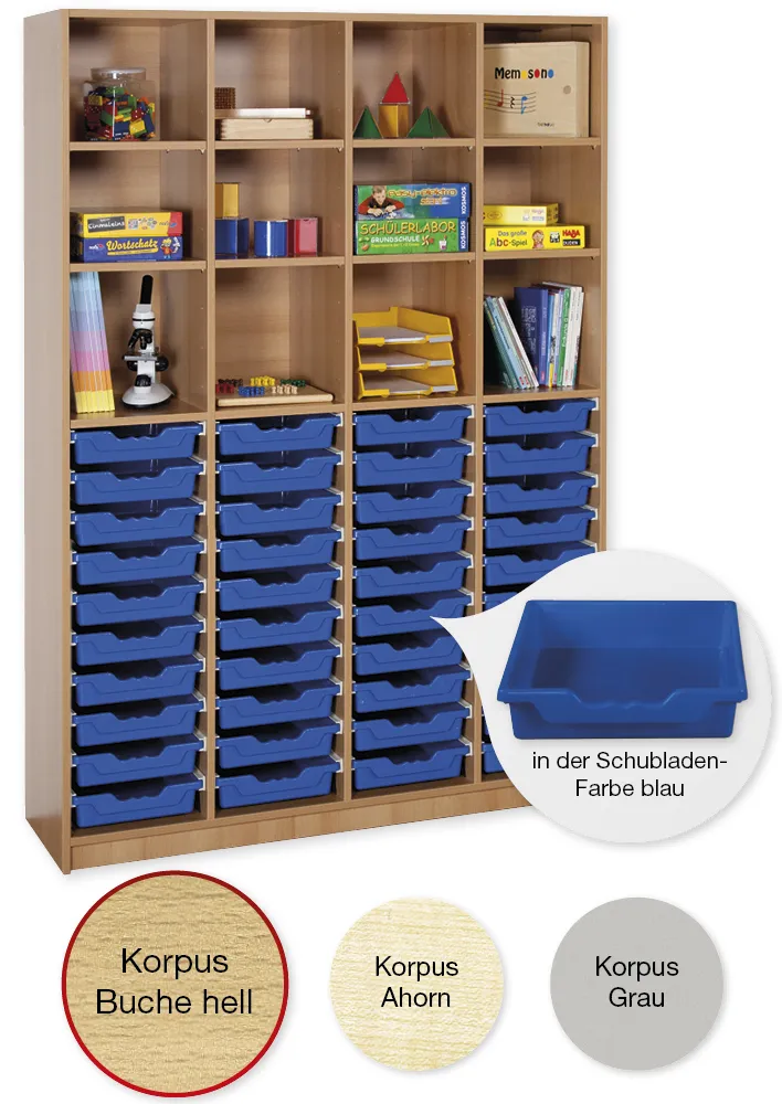 Material-Hochschrank-Regal XL, Basistiefe, 12 Fachböden, 40 Schubladen L