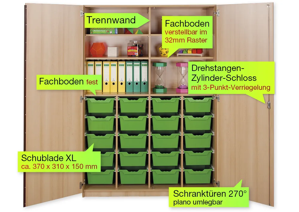 Material-Hochschrank XXL, Plustiefe, 6 Fachböden, 20 Schubladen XL