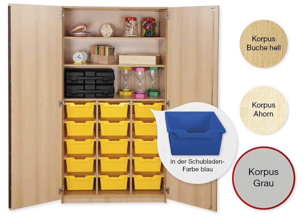 Material-Hochschrank L, Plustiefe, 3 Fachböden, 15 Schubladen XL
