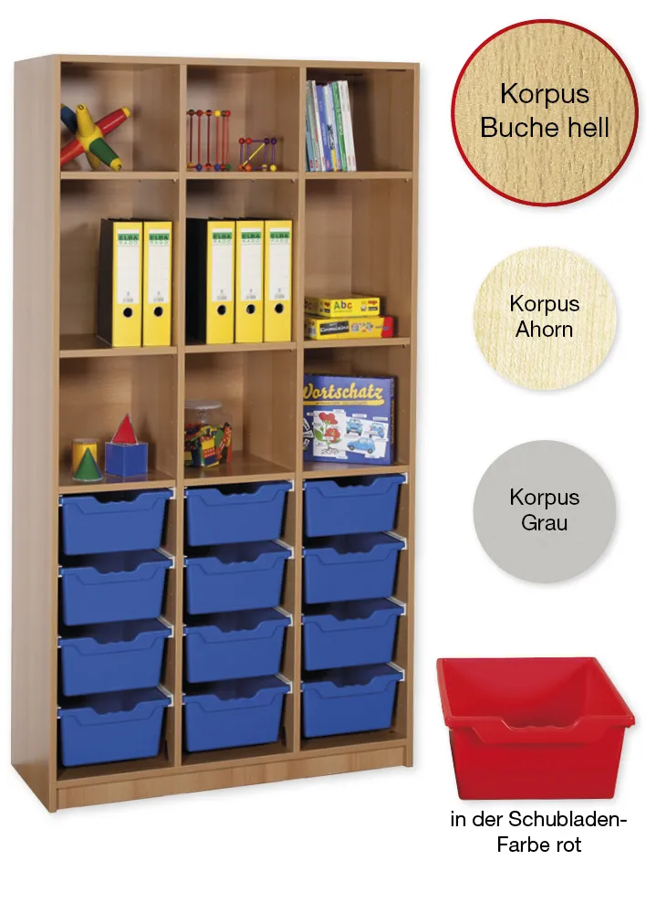 Material-Hochschrank-Regal L, Basistiefe, 9 Fachböden, 12 Schubladen XL