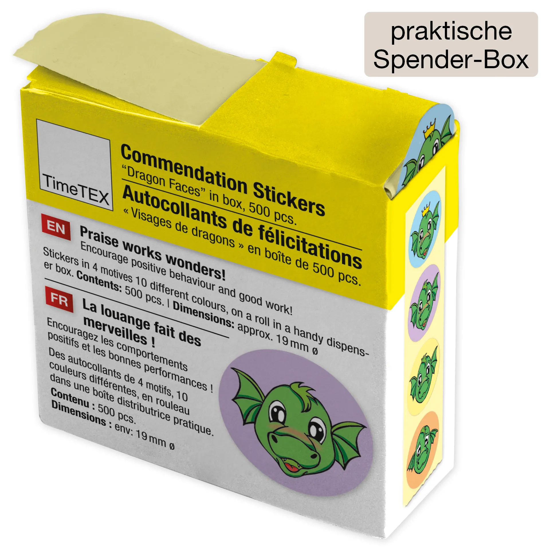 Abțibilduri pentru motivare și recompensare "dragon", în cutie-dispenser, 500 de bucăți