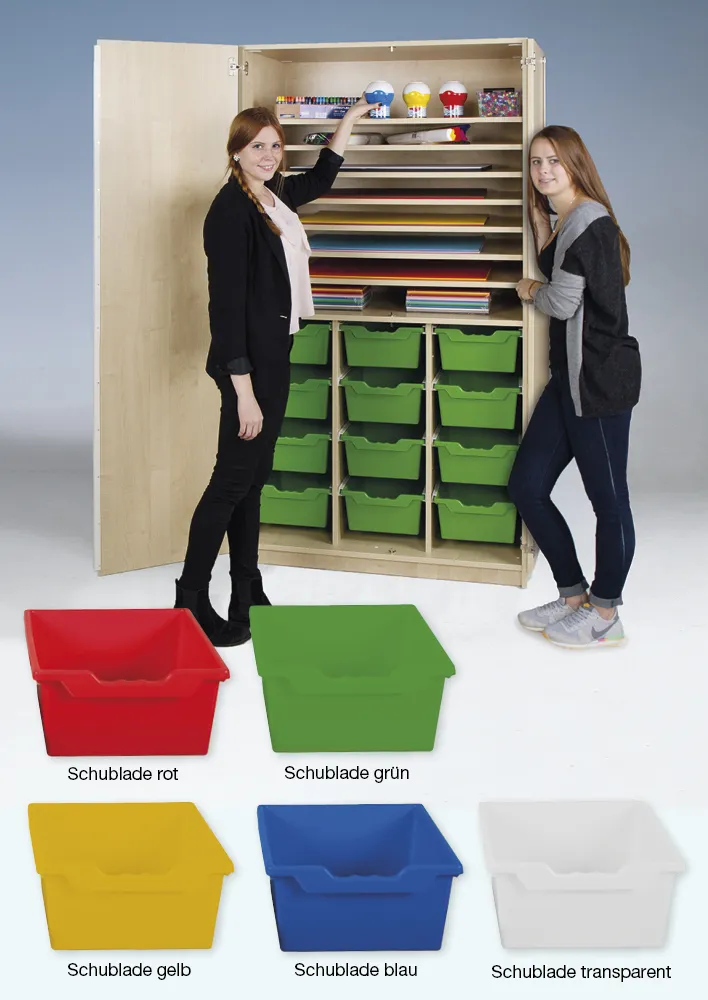 Material-Hochschrank L, Sondertiefe, 8 Fachböden, 12 Schubladen XL