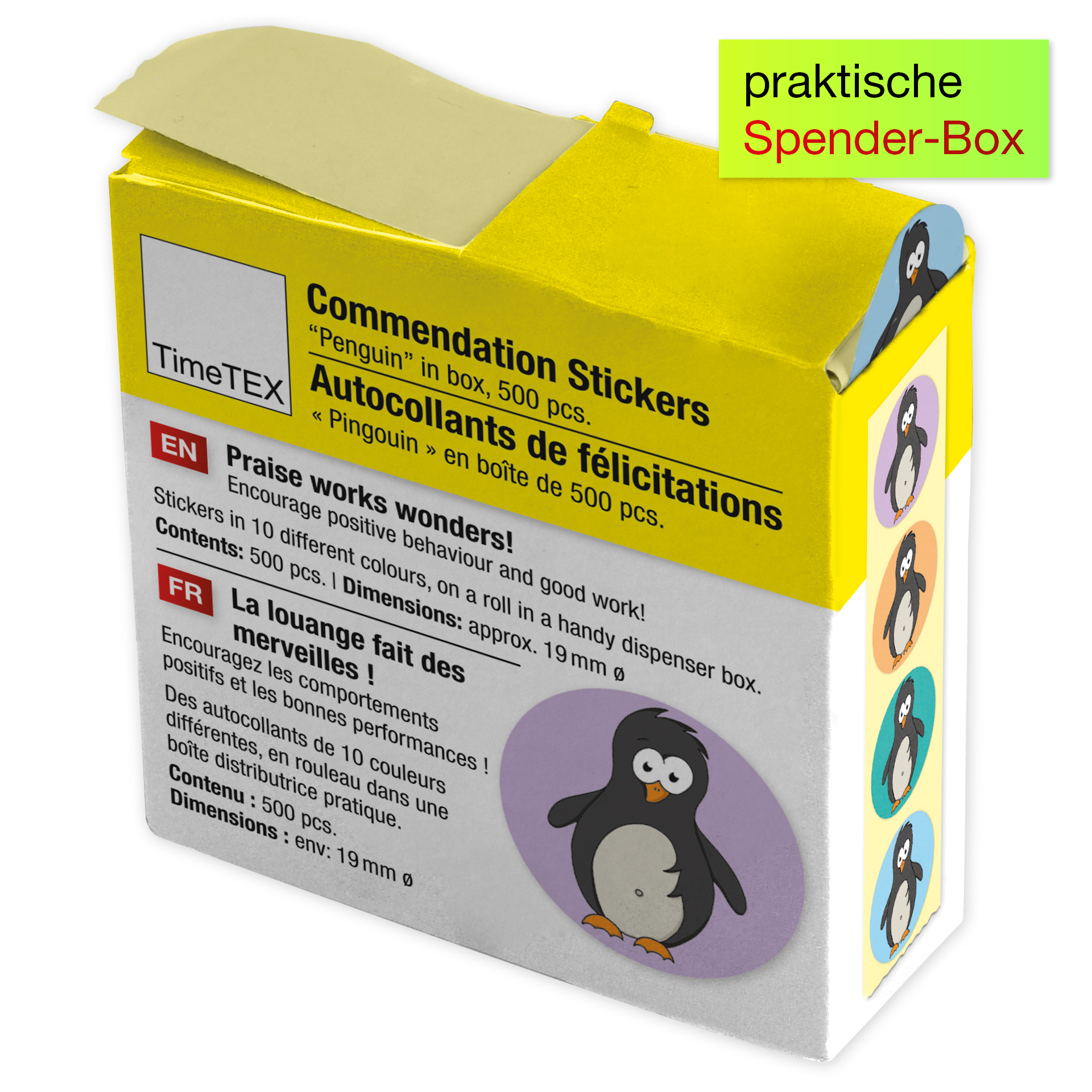 Belobigungs-Aufkleber "Pinguin" in Spender-Box, 500 Stück Belobigungs-Aufkleber "Pinguin" in Spender-Box, 500 Stück