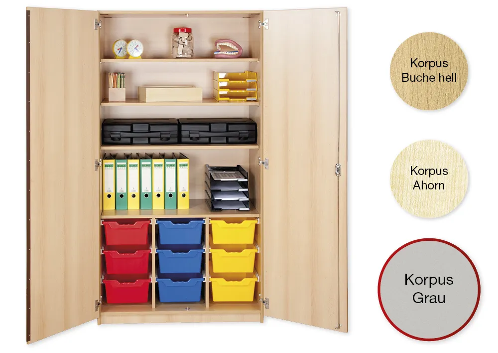 Material-Hochschrank L, Plustiefe, 4 Fachböden, 9 Schubladen XL