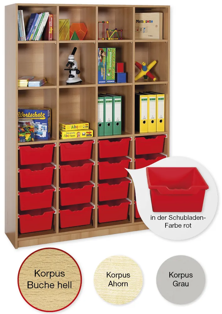 Material-Hochschrank-Regal XL, Basistiefe, 12 Fachböden, 16 Schubladen XL
