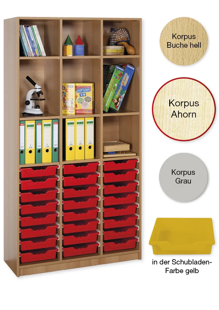 Material-Hochschrank-Regal L, Basistiefe, 9 Fachböden, 24 Schubladen L