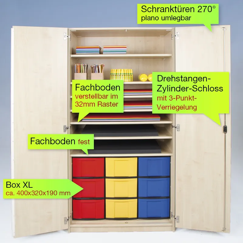 Material-Hochschrank M, Extratiefe, 7 Fachböden, 9 Boxen XL