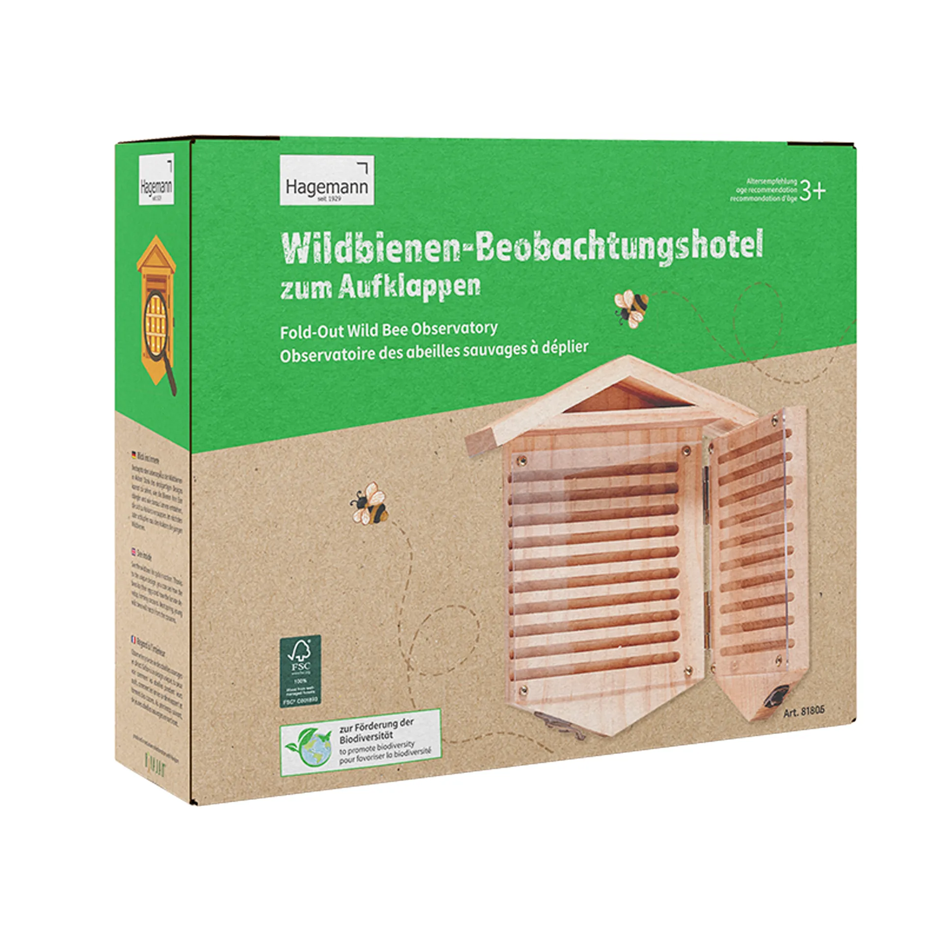 Wildbienen-Hotel mit Beobachtungsmöglichkeit, aus Holz, zum Aufklappen