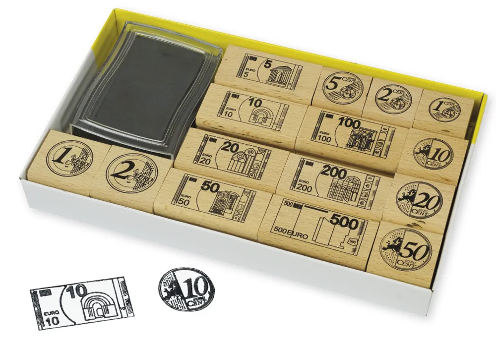 TimeTEX Set Währungs-Stempel EURO aus Holz mit Stempelkissen, 16-tlg.