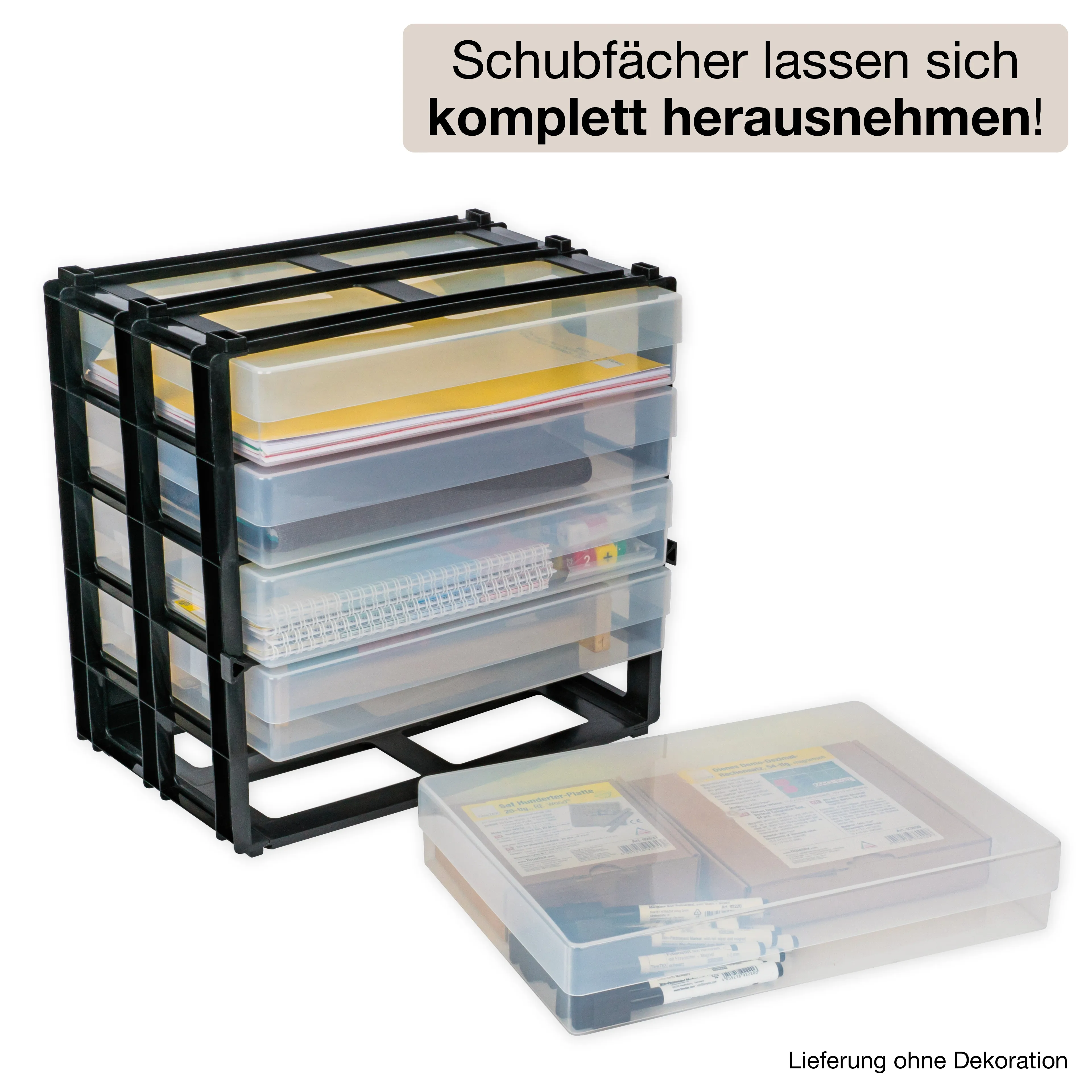 Schubladen-Block mit 5 Kunststoff-Boxen A4, stapelbar