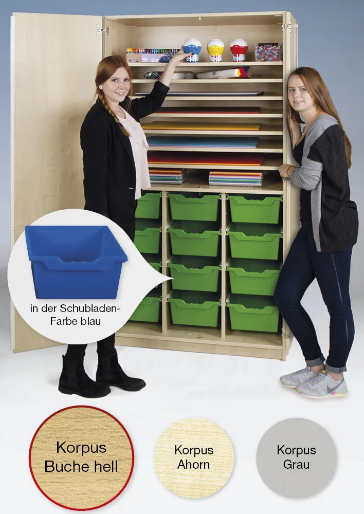 Material-Hochschrank L, Sondertiefe, 8 Fachböden, 12 Schubladen XL