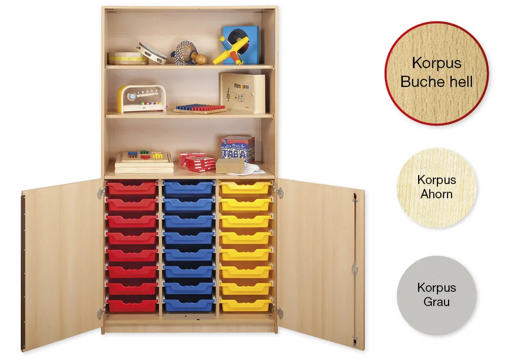 Material-Kombi-Hochschrank-Regal L, Plustiefe, 3 Fachböden, 24 Schubladen L
