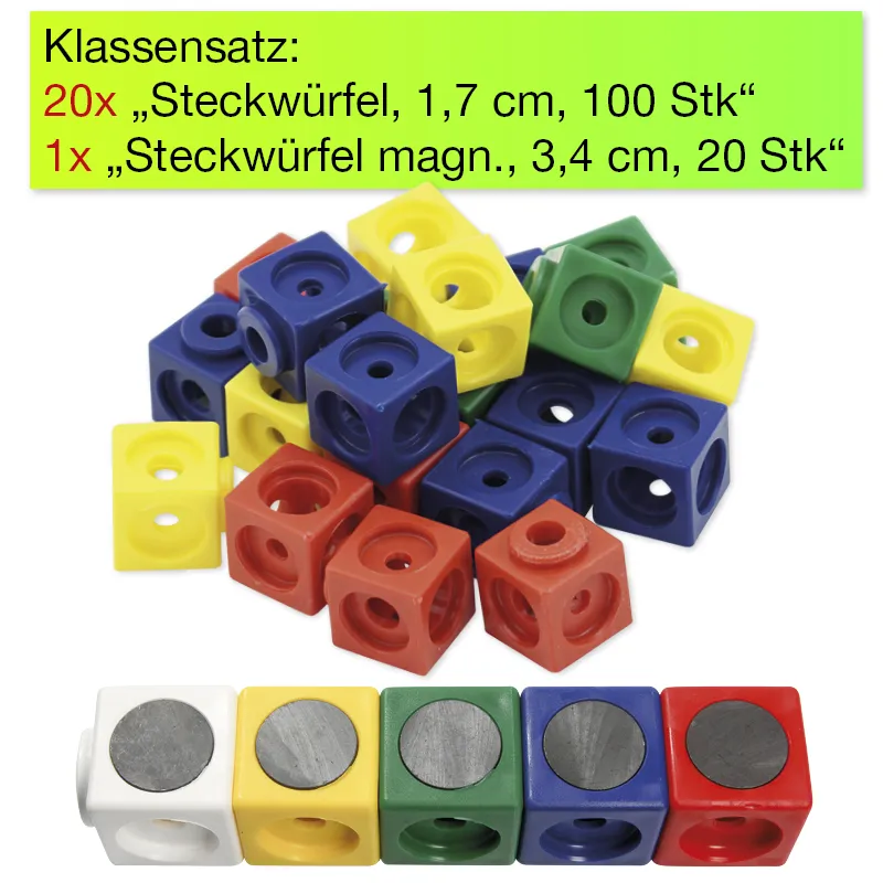 Klassensatz Steckwürfel rot/blau/grün/gelb, 21-tlg., in Stapel-Box