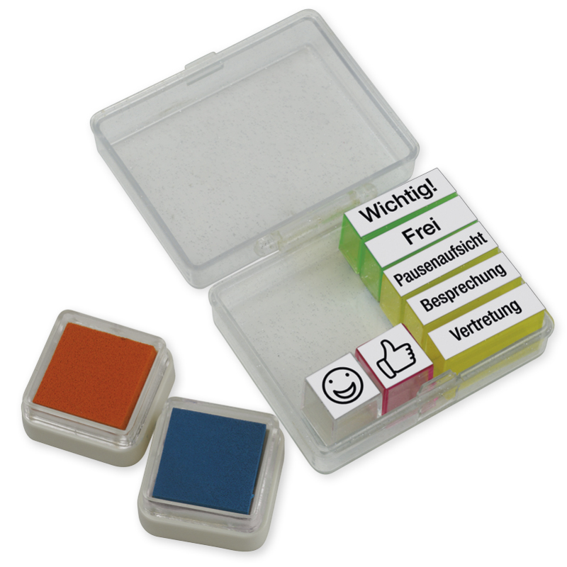 Organisationsstämpel med bläckdyna, 9 stycken, i kartong