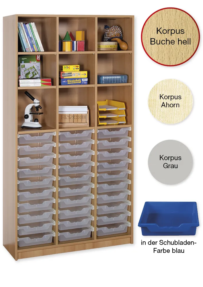 Material-Hochschrank-Regal L, Basistiefe, 9 Fachböden, 30 Schubladen L