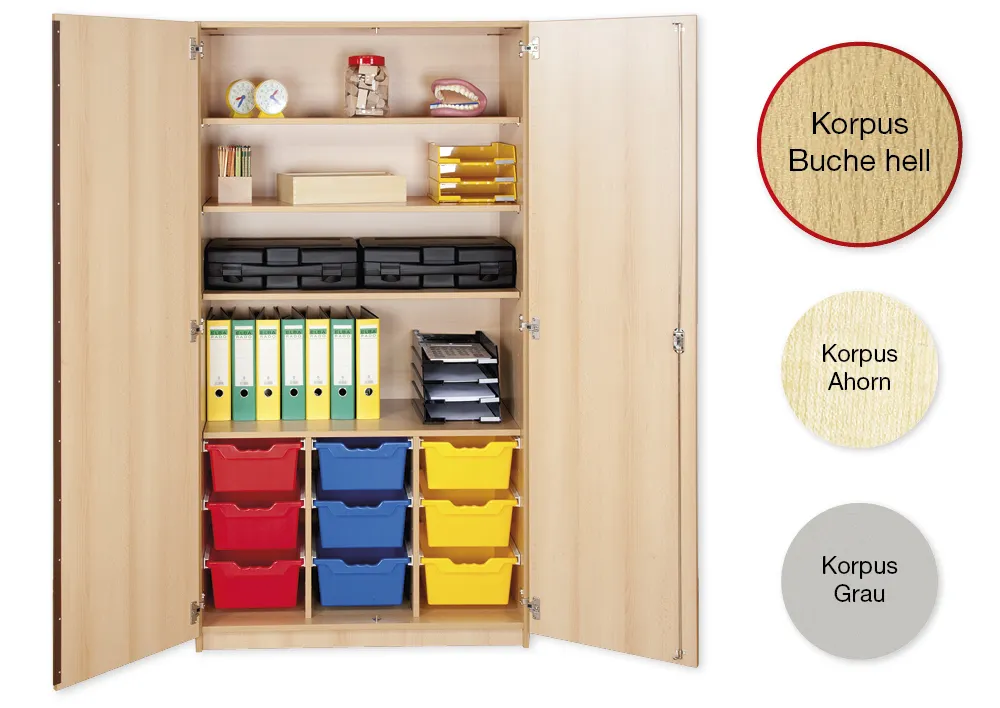 Material-Hochschrank L, Plustiefe, 4 Fachböden, 9 Schubladen XL