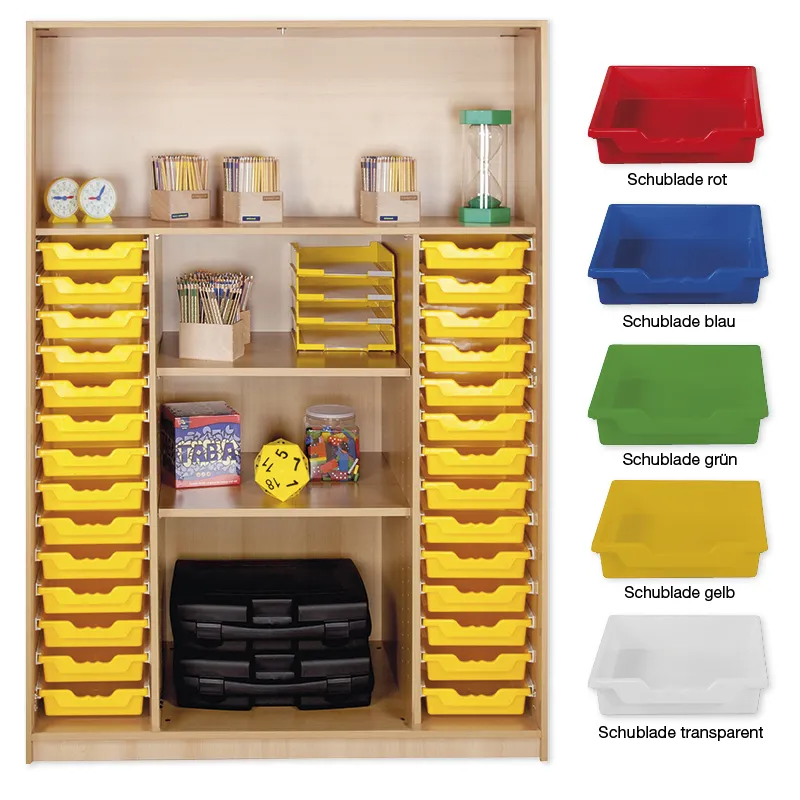 Material-Hochschrank-Regal XL, Plustiefe, 4 Fachböden, 28 Schubladen L