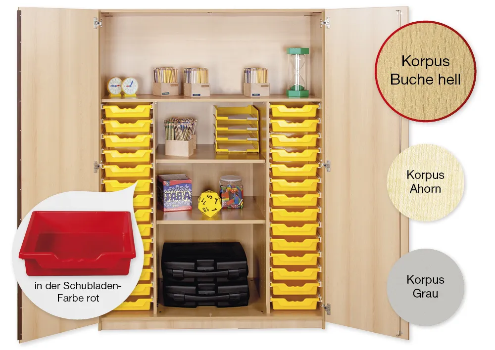 Material-Hochschrank XL, Basistiefe, 4 Fachböden, 28 Schubladen L