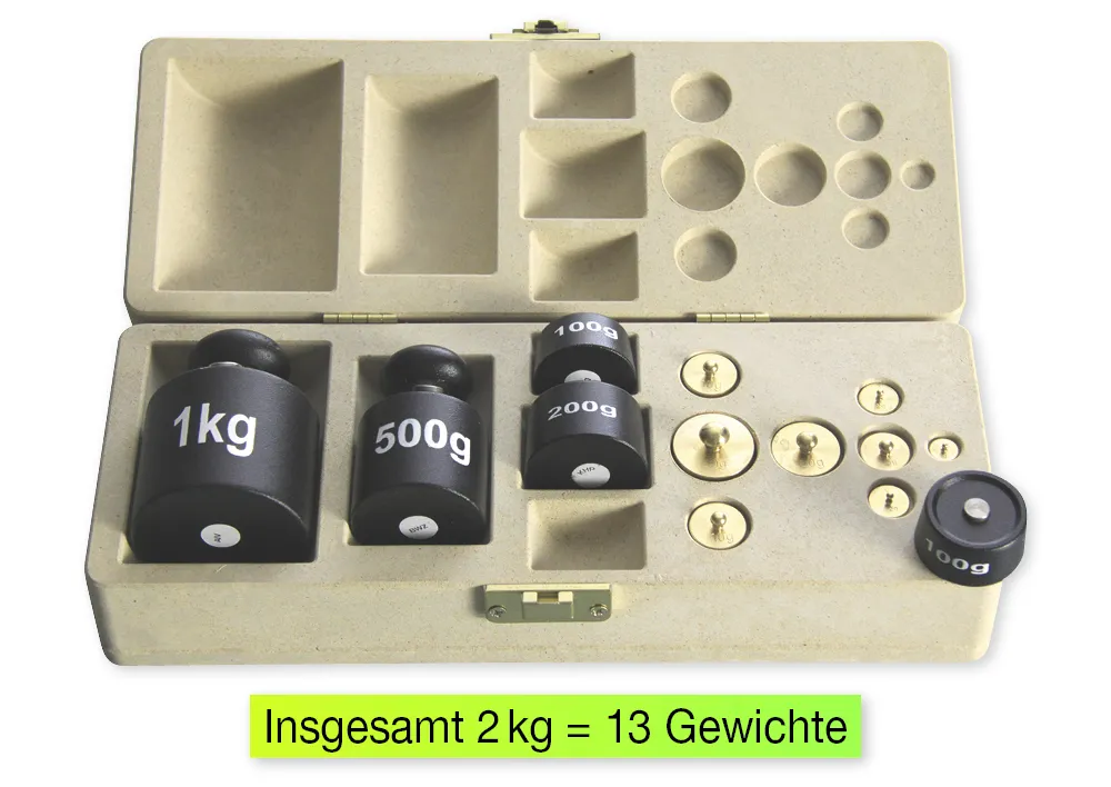 Gewichte-Satz für Tafelwaage, 2 kg, 13-tlg., in Klappdeckel-Box