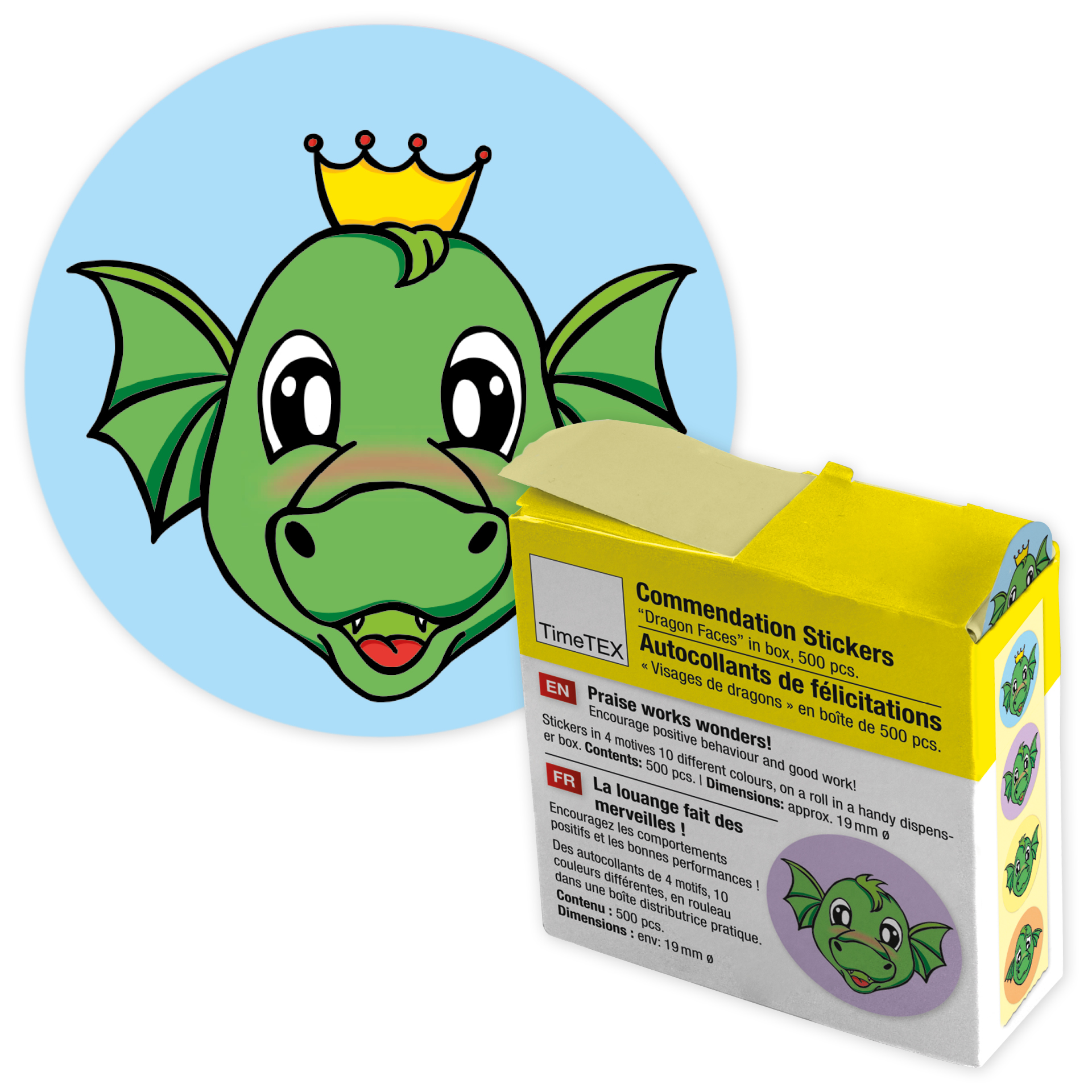Rommende klistermærker "Dragon Faces" i dispenseræske, 500 stk