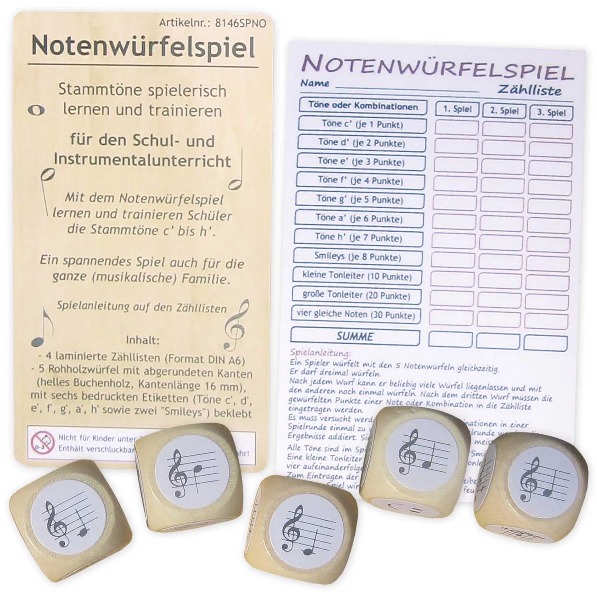 Spiel Notenwürfel c'-h', 9-tlg.