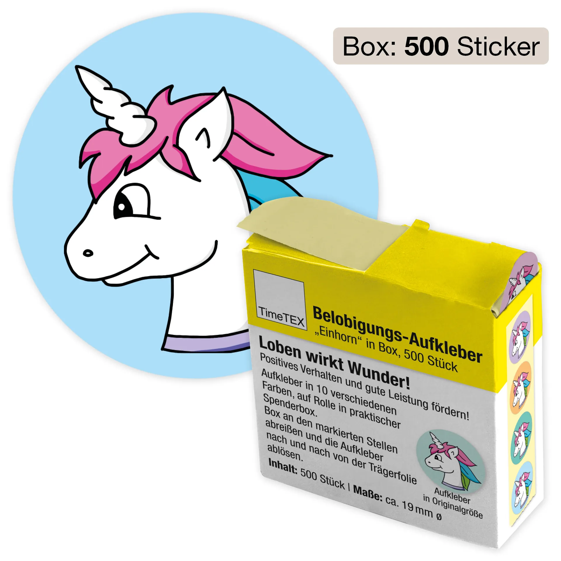 Belobigungs-Aufkleber "Einhorn" in Spender-Box, 500 Stück