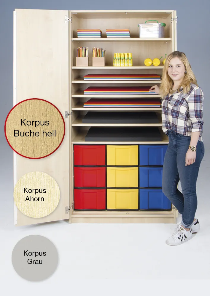 Material-Hochschrank M, Extratiefe, 7 Fachböden, 9 Boxen XL