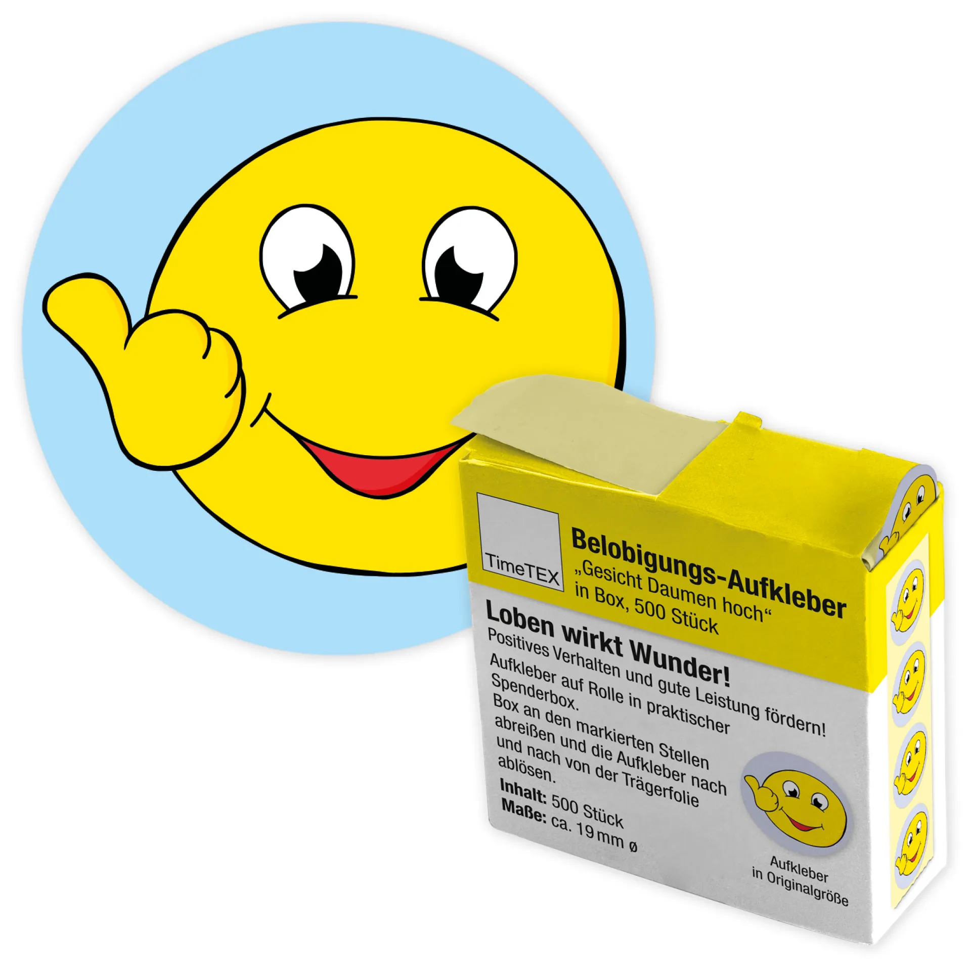 Belobigungs-Aufkleber "Gesicht Daumen hoch" in Spender-Box, 500 Stück