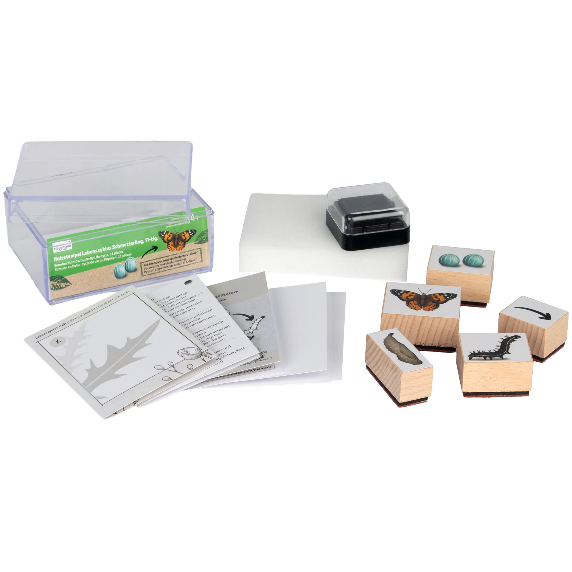 Set Holzstempel "Lebenszyklus Schmetterling", 11-tlg. mit Stempelkissen