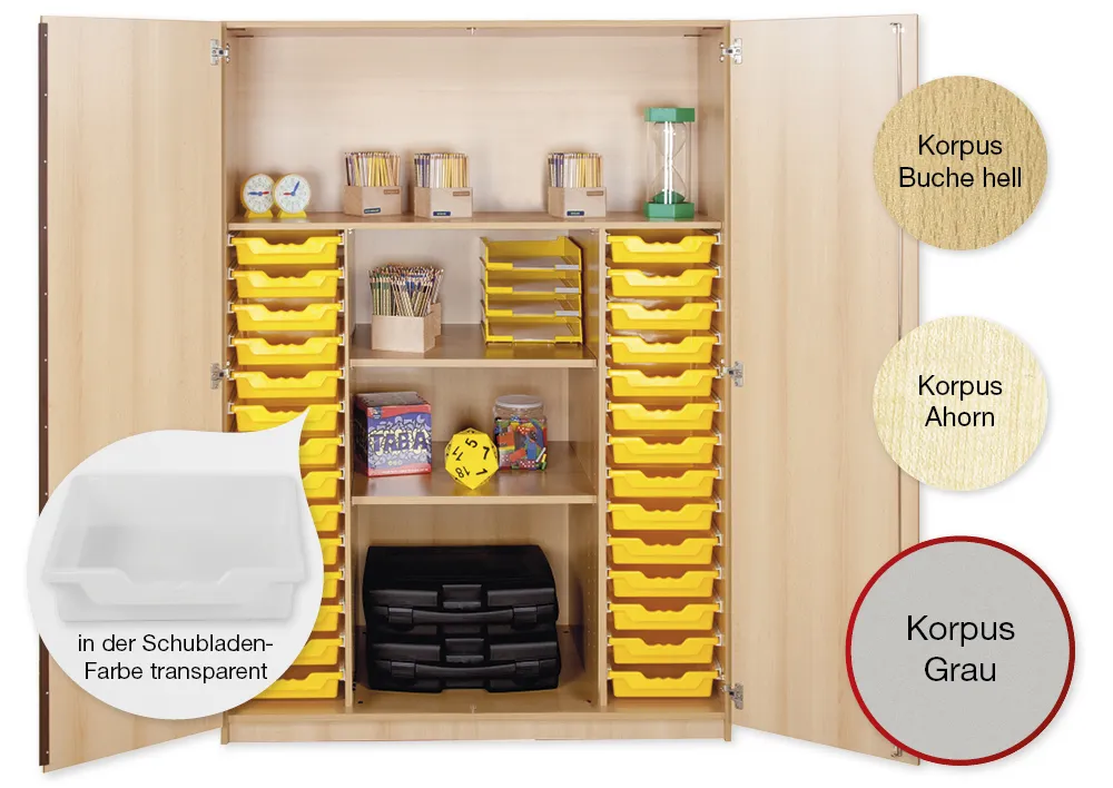 Material-Hochschrank XL, Basistiefe, 4 Fachböden, 28 Schubladen L