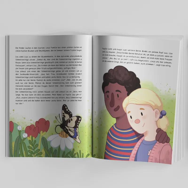 Pädagogisches Kinderbuch "Lou, Lisa und die Schmetterlinge – Eine aufregende Verwandlung", 56 Seiten