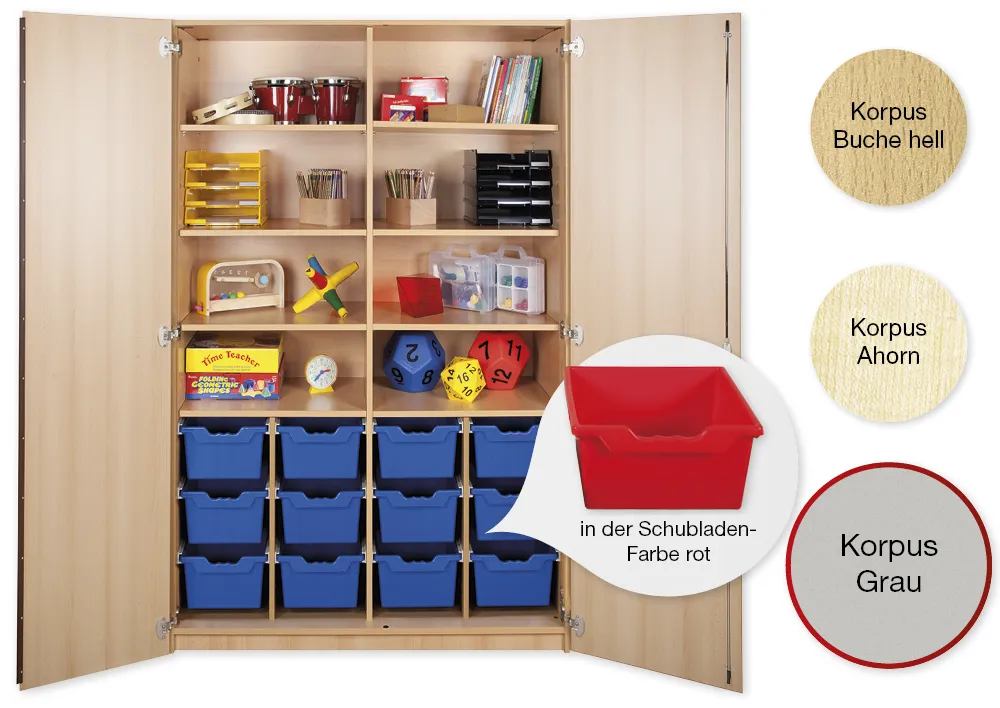 Material-Hochschrank XXL, Plustiefe, 8 Fachböden, 12 Schubladen XL