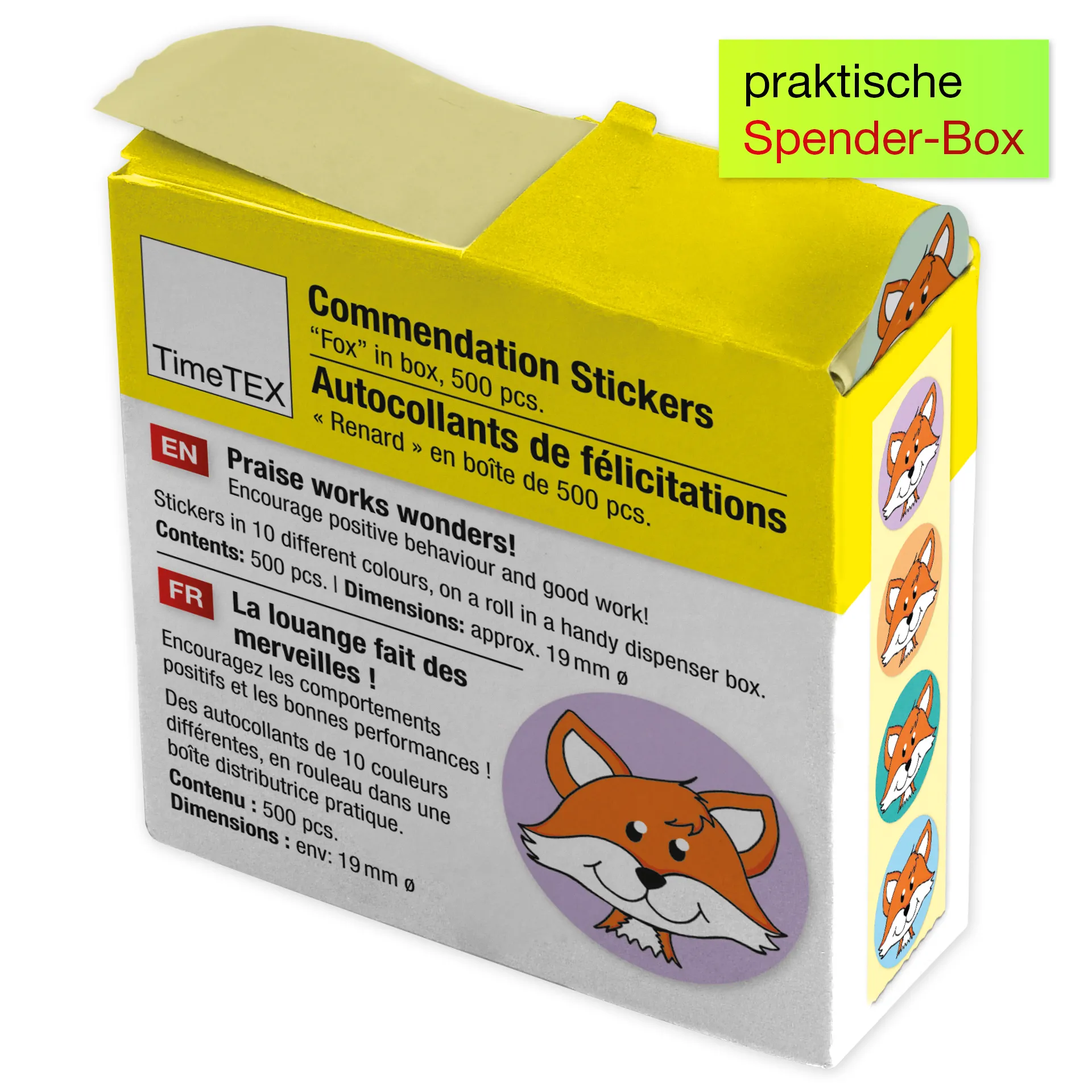 Belobigungs-Aufkleber "Fuchs" in Spender-Box, 500 Stück