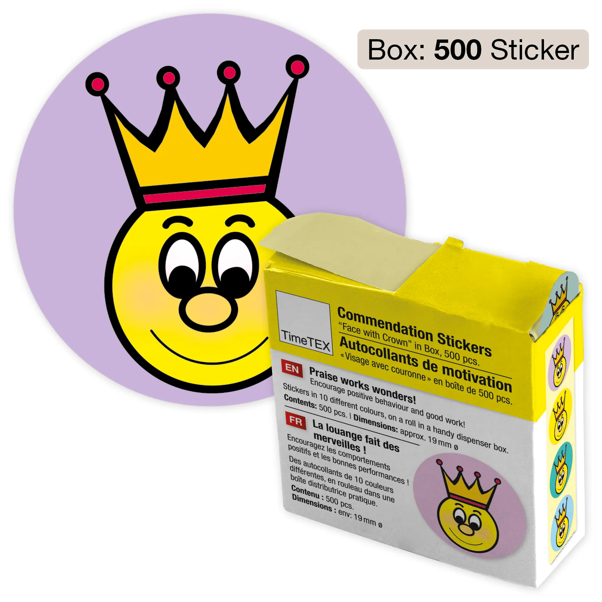Belobigungs-Aufkleber "Gesicht mit Krone" in Spender-Box, 500 Stück