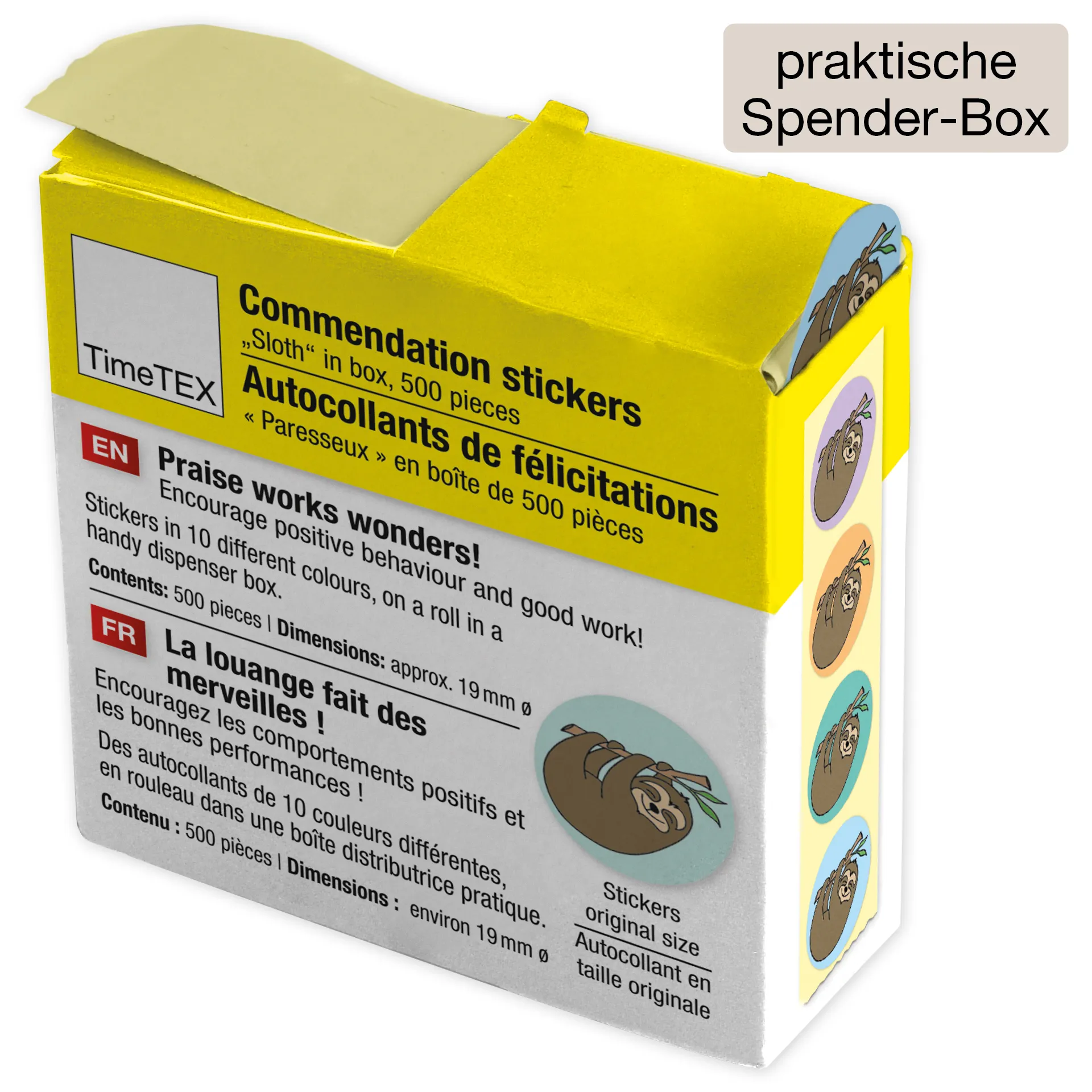Beloningsstickers "luiaard" in dispenserbox, 500 stuks