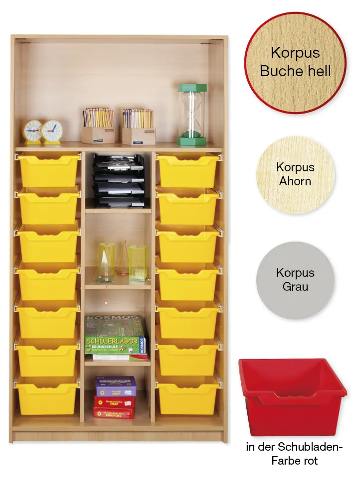 Material-Hochschrank-Regal L, Basistiefe, 5 Fachböden, 14 Schubladen XL